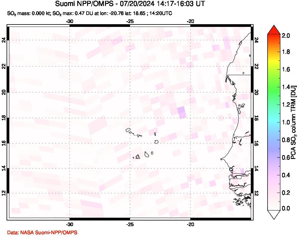 A sulfur dioxide image over Cape Verde Islands on Jul 20, 2024.