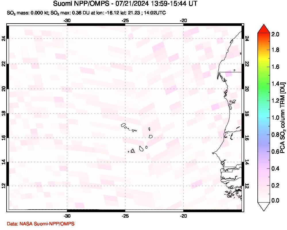 A sulfur dioxide image over Cape Verde Islands on Jul 21, 2024.