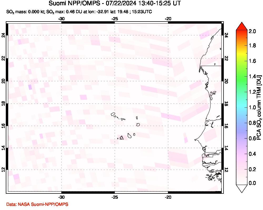 A sulfur dioxide image over Cape Verde Islands on Jul 22, 2024.