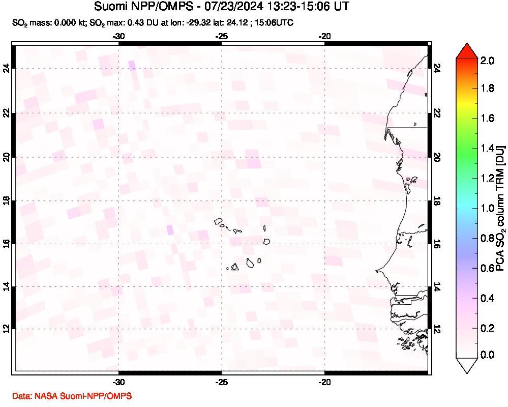 A sulfur dioxide image over Cape Verde Islands on Jul 23, 2024.