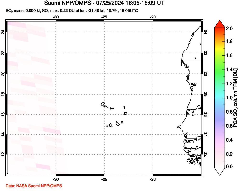 A sulfur dioxide image over Cape Verde Islands on Jul 25, 2024.