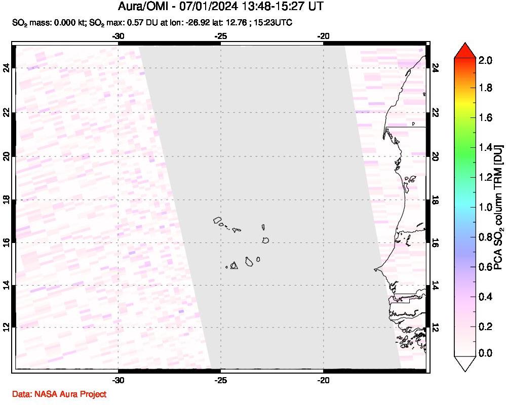 A sulfur dioxide image over Cape Verde Islands on Jul 01, 2024.