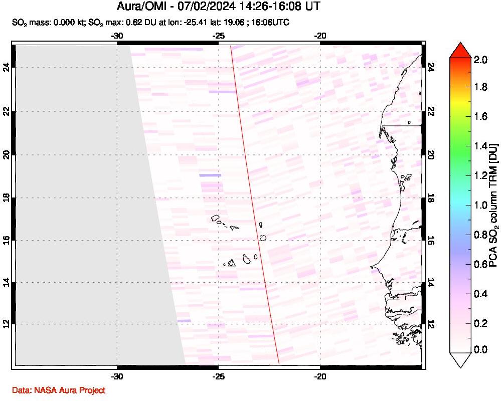 A sulfur dioxide image over Cape Verde Islands on Jul 02, 2024.