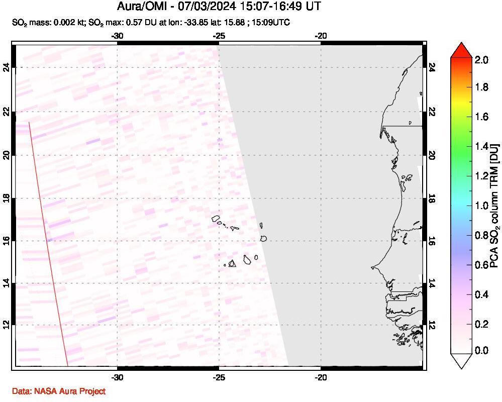 A sulfur dioxide image over Cape Verde Islands on Jul 03, 2024.