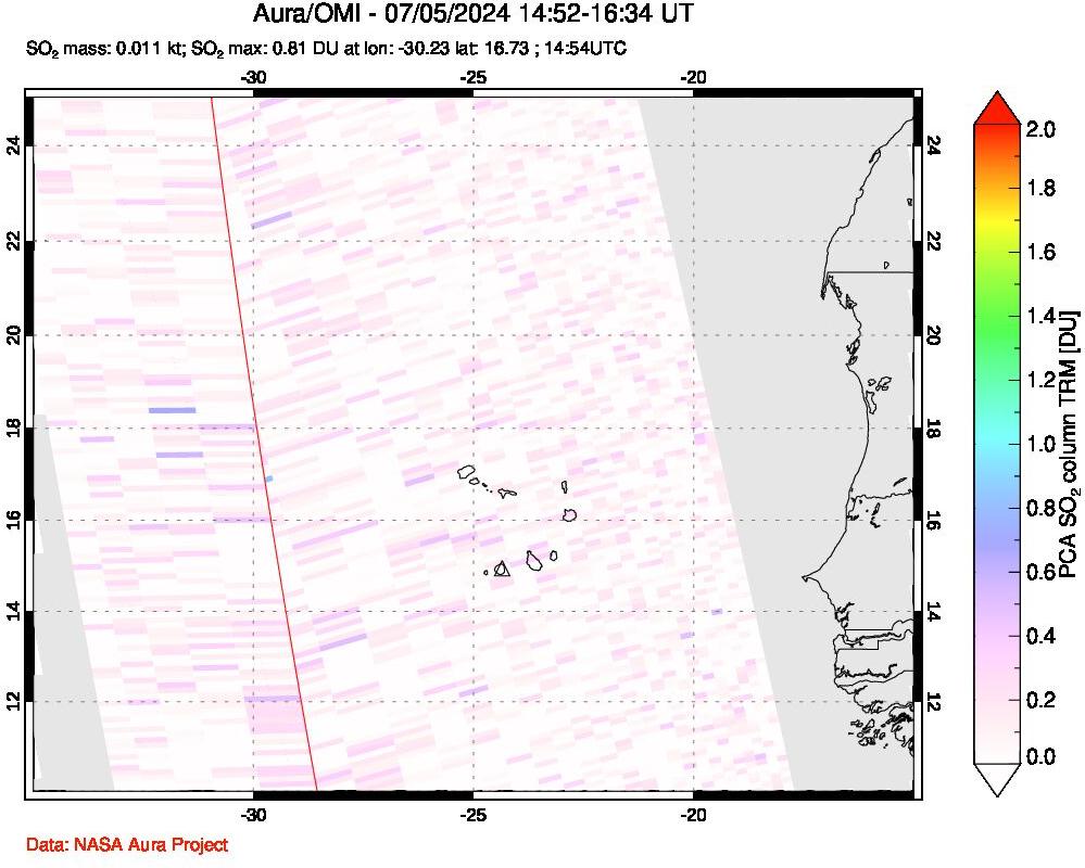 A sulfur dioxide image over Cape Verde Islands on Jul 05, 2024.