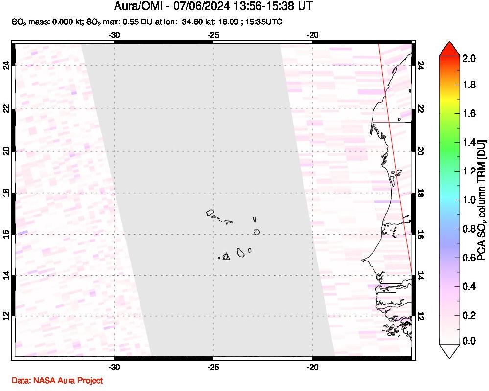 A sulfur dioxide image over Cape Verde Islands on Jul 06, 2024.