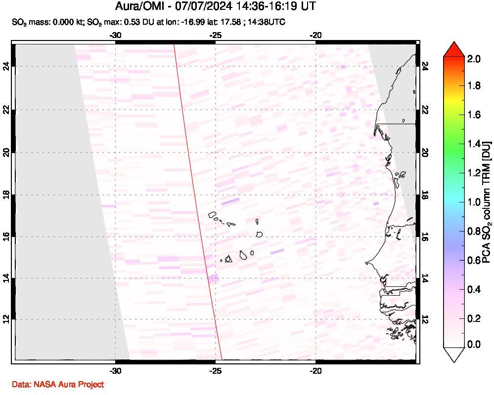 A sulfur dioxide image over Cape Verde Islands on Jul 07, 2024.