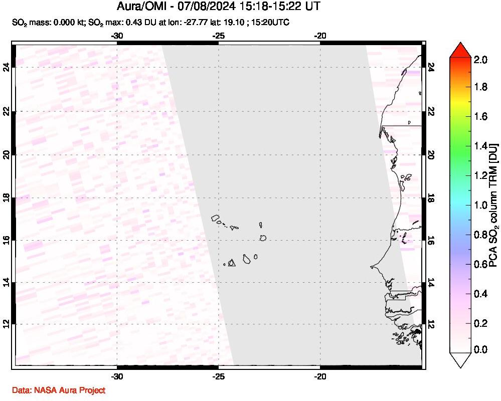 A sulfur dioxide image over Cape Verde Islands on Jul 08, 2024.