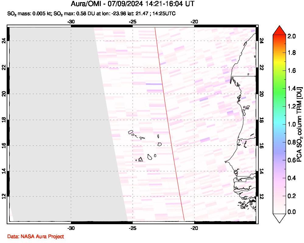 A sulfur dioxide image over Cape Verde Islands on Jul 09, 2024.