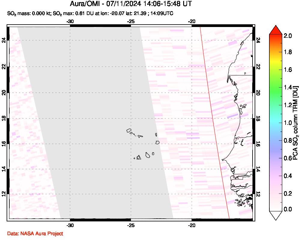 A sulfur dioxide image over Cape Verde Islands on Jul 11, 2024.