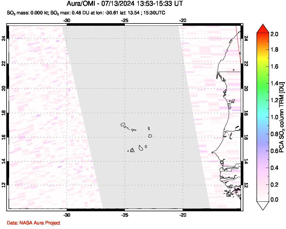 A sulfur dioxide image over Cape Verde Islands on Jul 13, 2024.