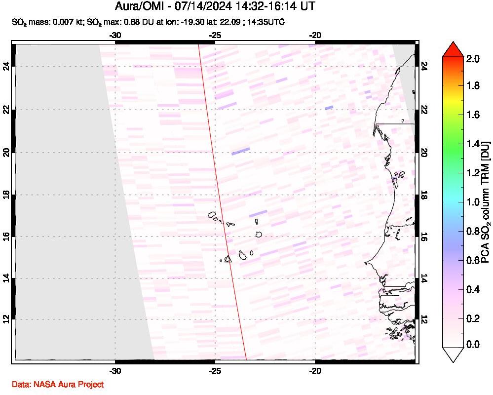 A sulfur dioxide image over Cape Verde Islands on Jul 14, 2024.