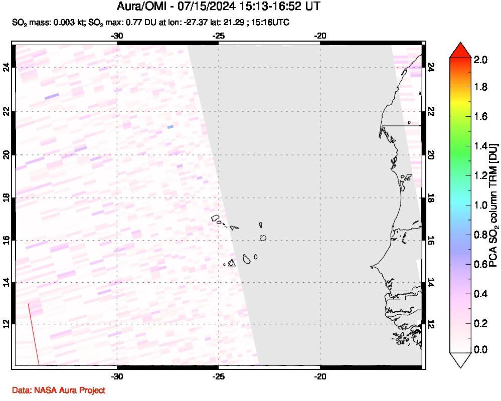 A sulfur dioxide image over Cape Verde Islands on Jul 15, 2024.