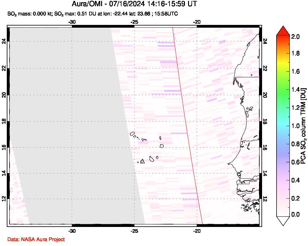 A sulfur dioxide image over Cape Verde Islands on Jul 16, 2024.