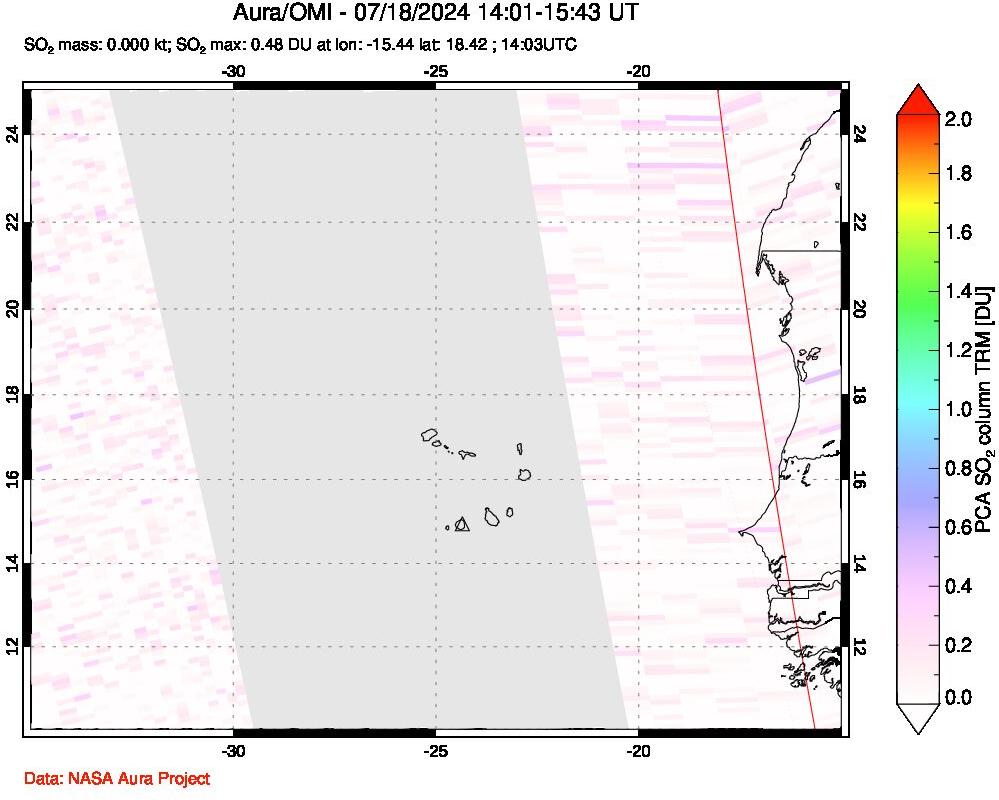 A sulfur dioxide image over Cape Verde Islands on Jul 18, 2024.