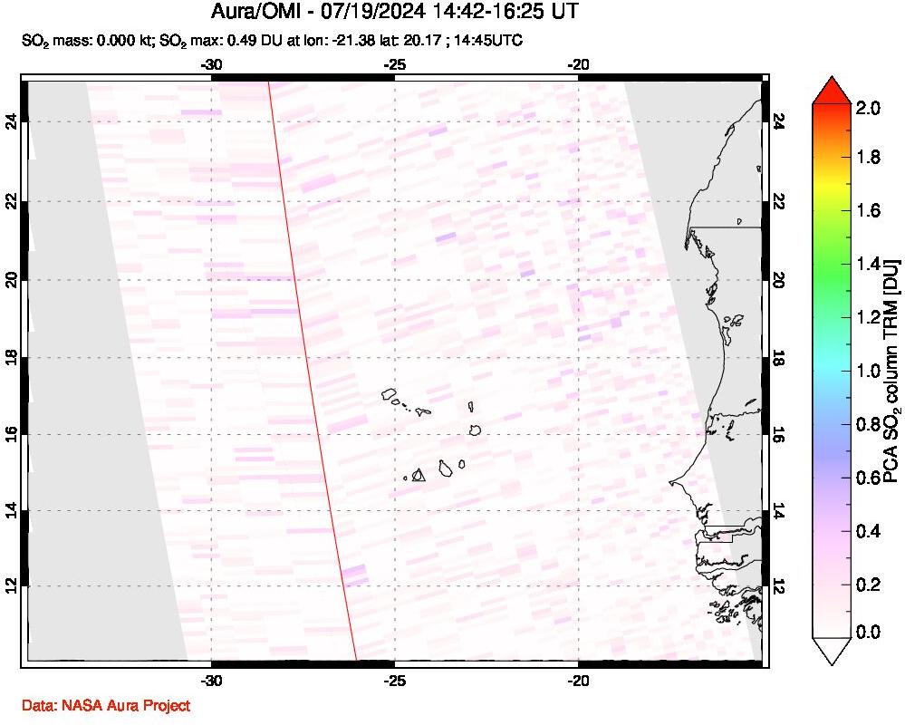 A sulfur dioxide image over Cape Verde Islands on Jul 19, 2024.