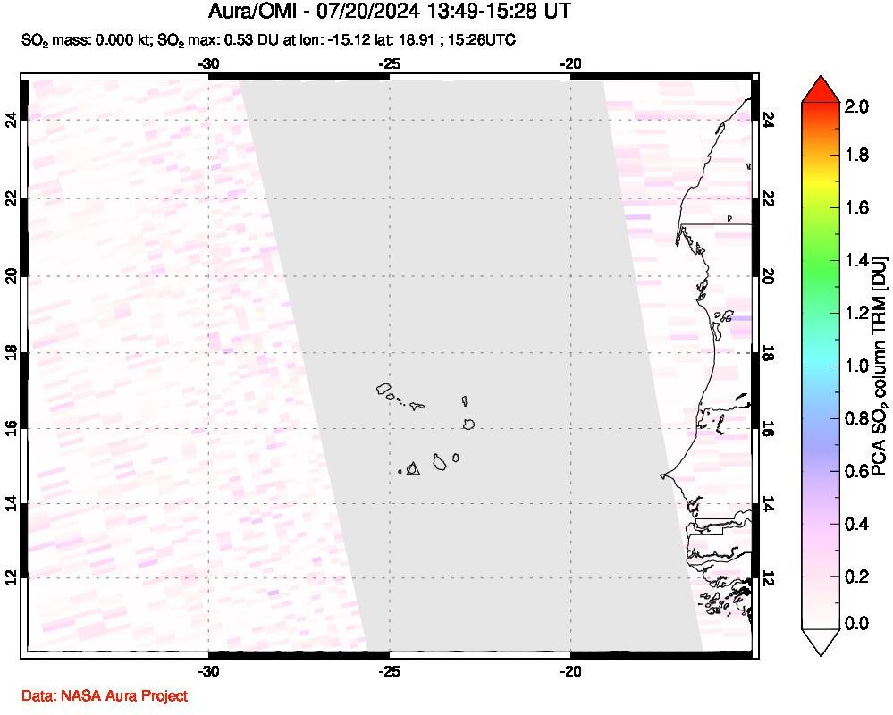 A sulfur dioxide image over Cape Verde Islands on Jul 20, 2024.