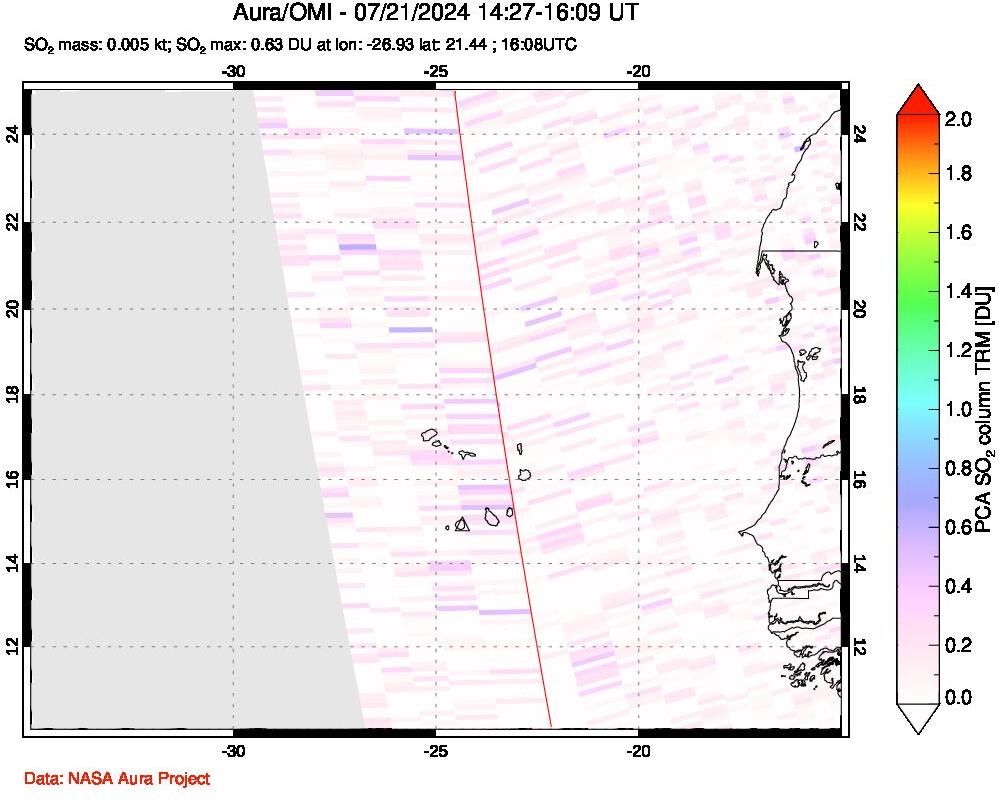 A sulfur dioxide image over Cape Verde Islands on Jul 21, 2024.