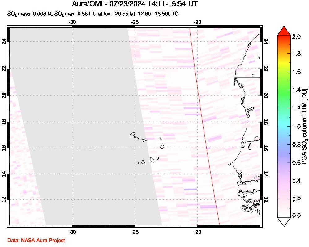 A sulfur dioxide image over Cape Verde Islands on Jul 23, 2024.