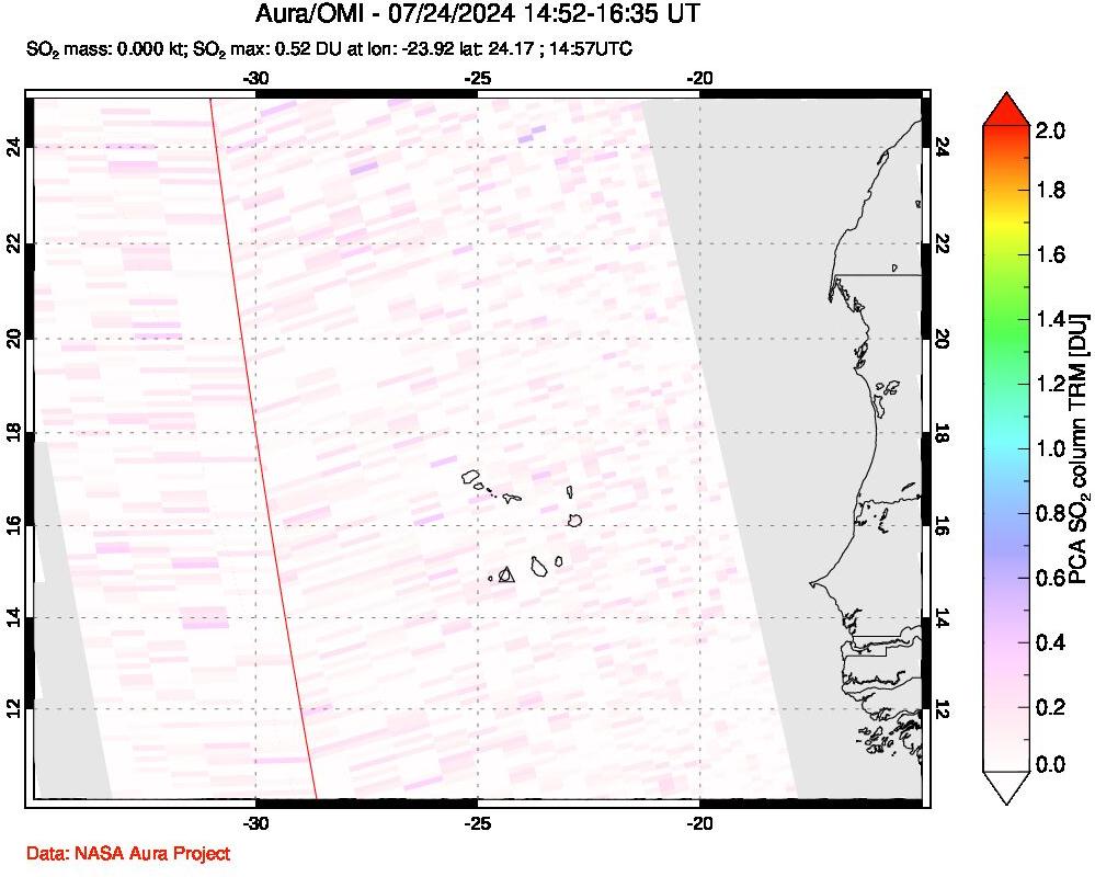 A sulfur dioxide image over Cape Verde Islands on Jul 24, 2024.