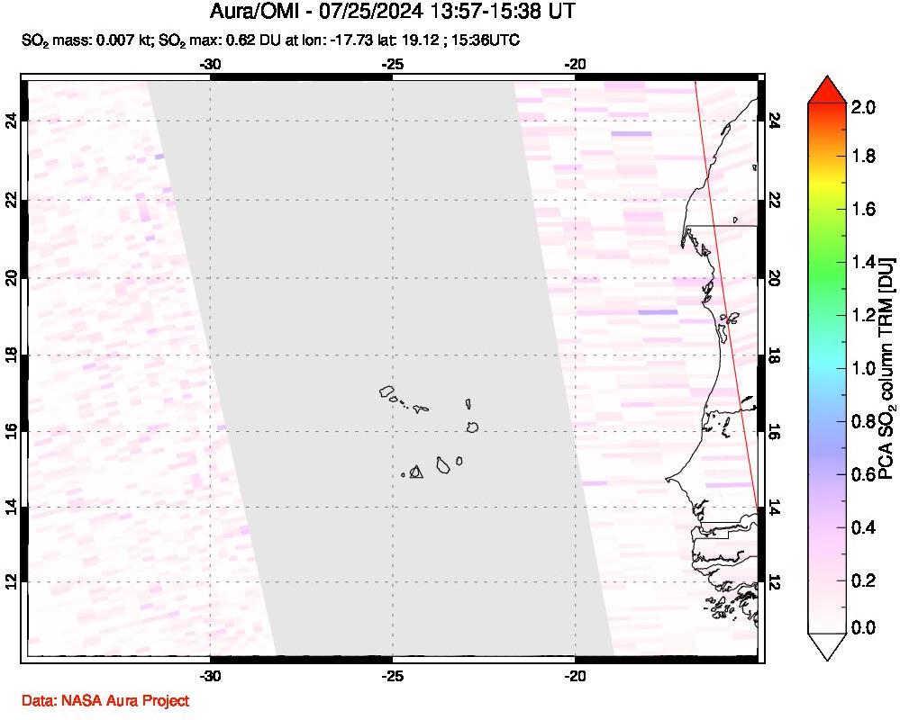 A sulfur dioxide image over Cape Verde Islands on Jul 25, 2024.