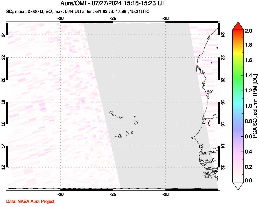 A sulfur dioxide image over Cape Verde Islands on Jul 27, 2024.