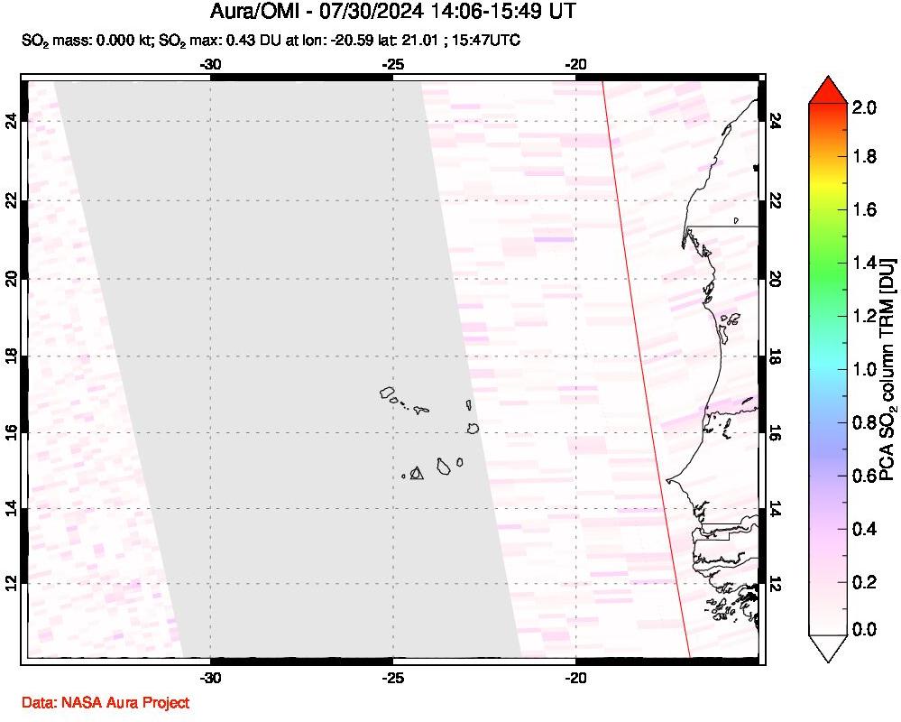 A sulfur dioxide image over Cape Verde Islands on Jul 30, 2024.