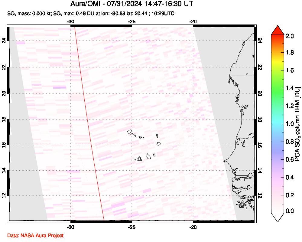 A sulfur dioxide image over Cape Verde Islands on Jul 31, 2024.