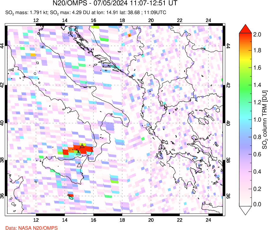 A sulfur dioxide image over Etna, Sicily, Italy on Jul 05, 2024.