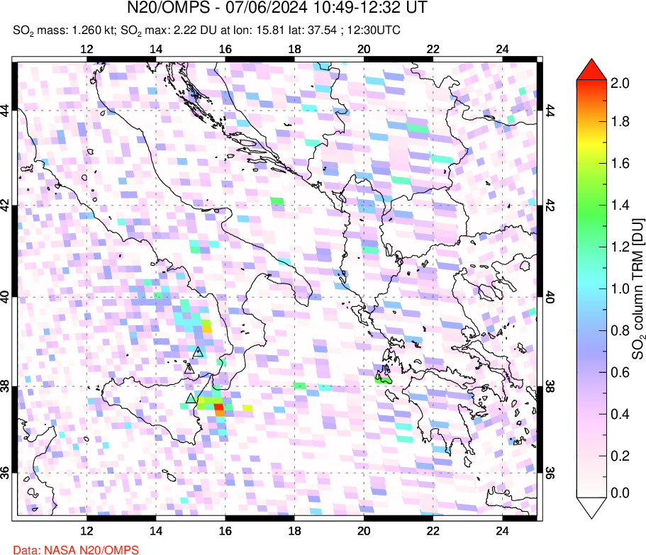 A sulfur dioxide image over Etna, Sicily, Italy on Jul 06, 2024.