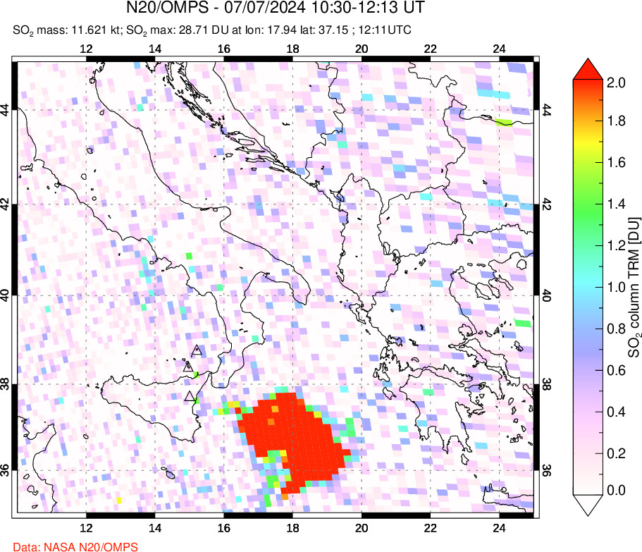 A sulfur dioxide image over Etna, Sicily, Italy on Jul 07, 2024.