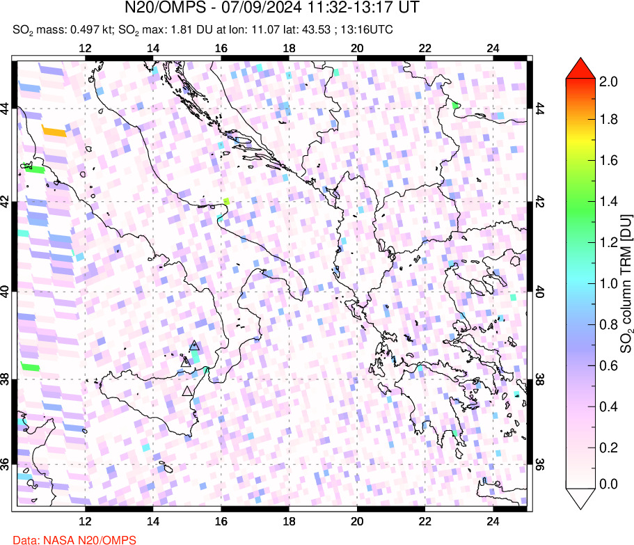 A sulfur dioxide image over Etna, Sicily, Italy on Jul 09, 2024.