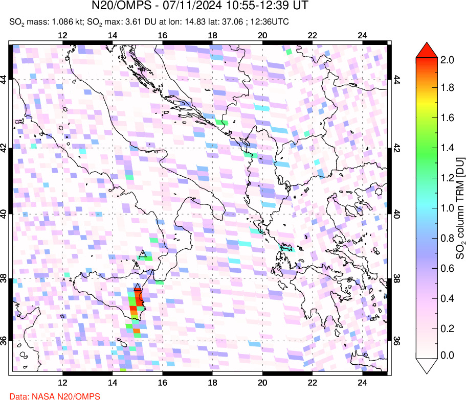 A sulfur dioxide image over Etna, Sicily, Italy on Jul 11, 2024.