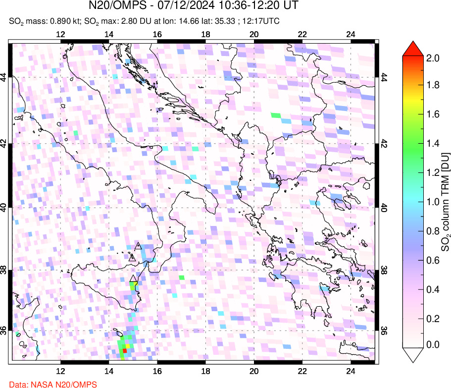 A sulfur dioxide image over Etna, Sicily, Italy on Jul 12, 2024.