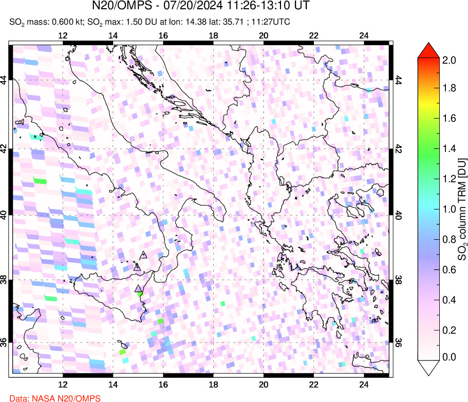 A sulfur dioxide image over Etna, Sicily, Italy on Jul 20, 2024.