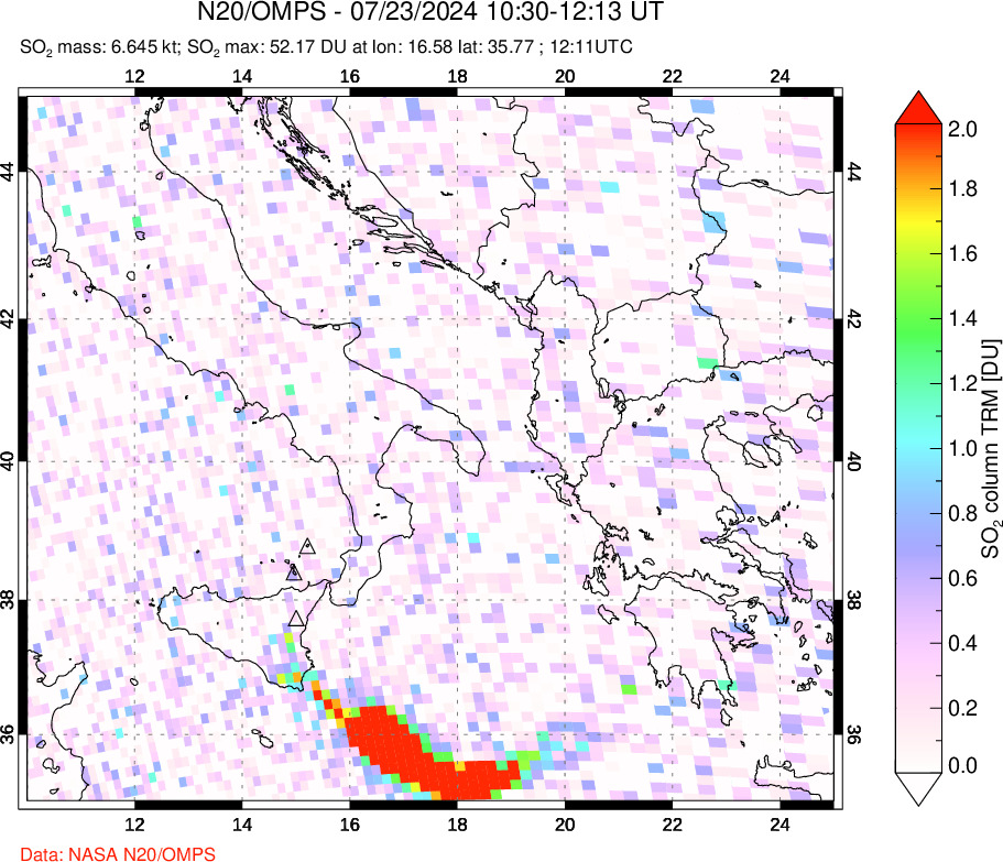 A sulfur dioxide image over Etna, Sicily, Italy on Jul 23, 2024.