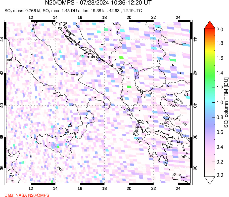 A sulfur dioxide image over Etna, Sicily, Italy on Jul 28, 2024.