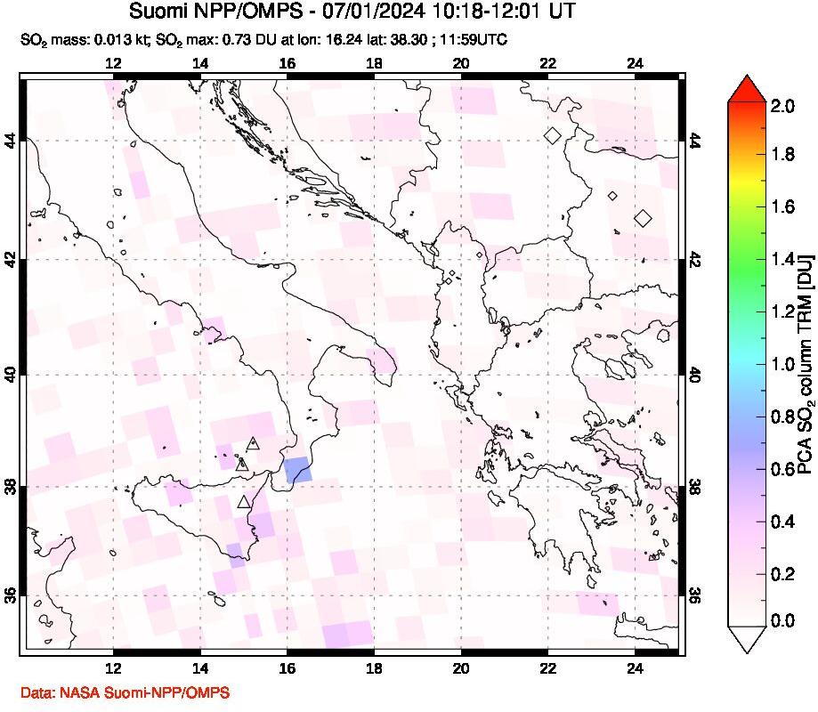 A sulfur dioxide image over Etna, Sicily, Italy on Jul 01, 2024.