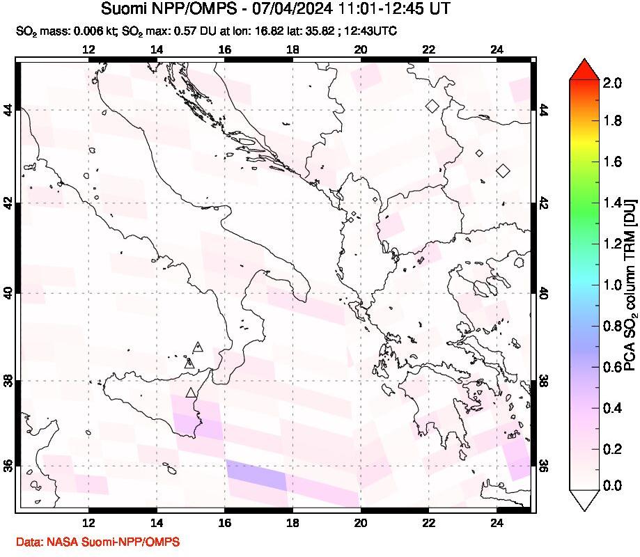 A sulfur dioxide image over Etna, Sicily, Italy on Jul 04, 2024.