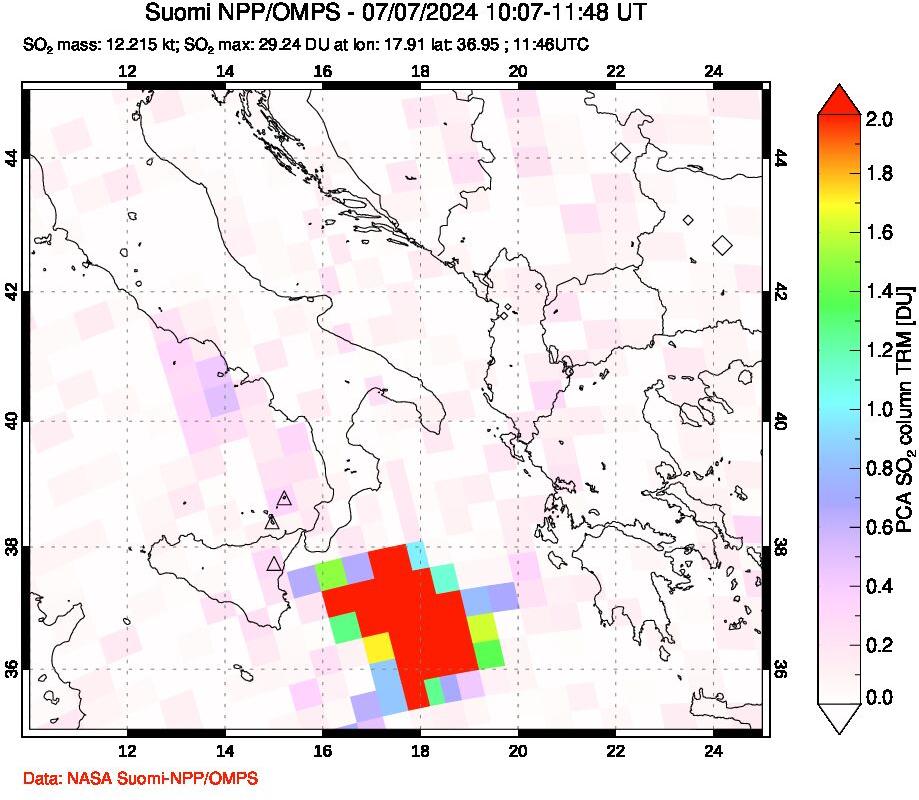 A sulfur dioxide image over Etna, Sicily, Italy on Jul 07, 2024.