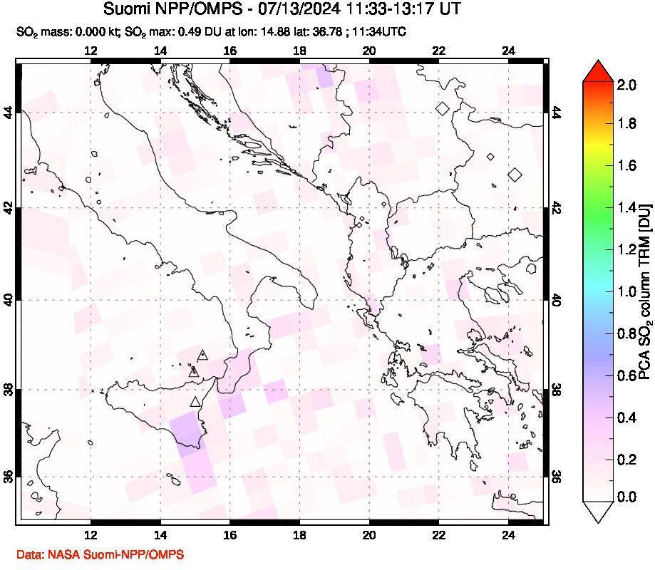 A sulfur dioxide image over Etna, Sicily, Italy on Jul 13, 2024.