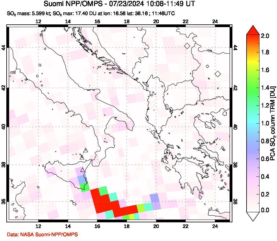 A sulfur dioxide image over Etna, Sicily, Italy on Jul 23, 2024.