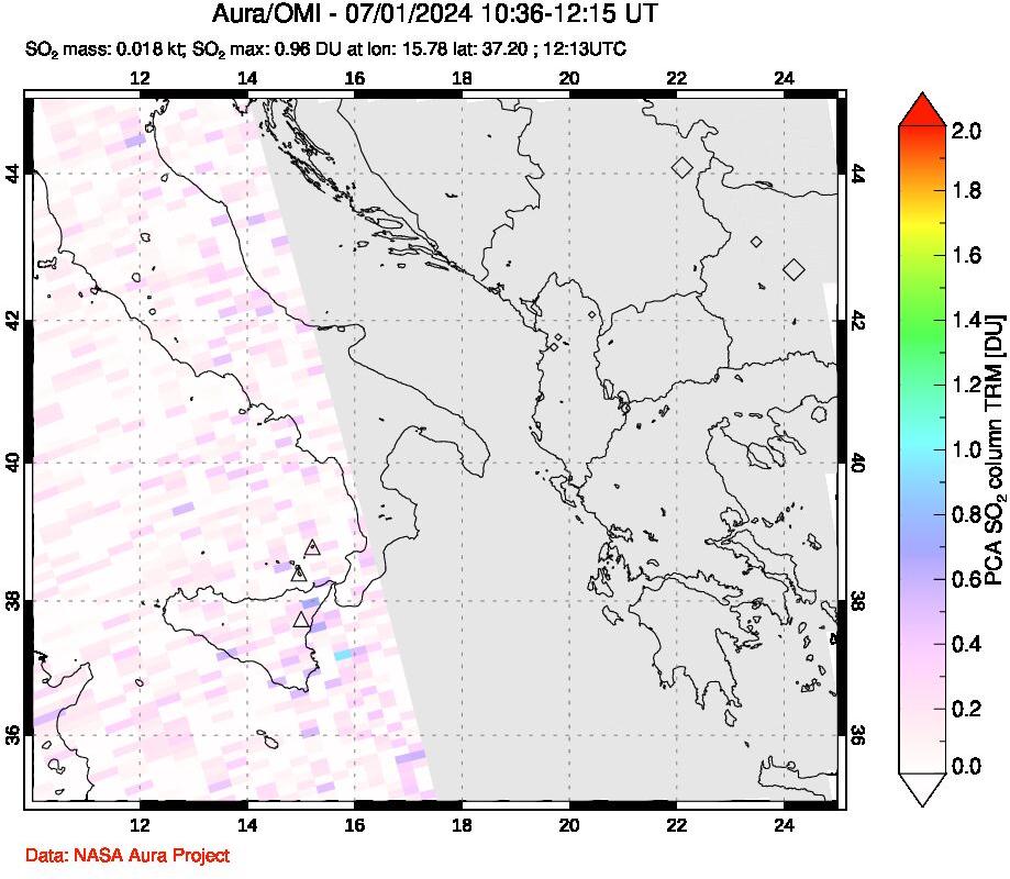 A sulfur dioxide image over Etna, Sicily, Italy on Jul 01, 2024.