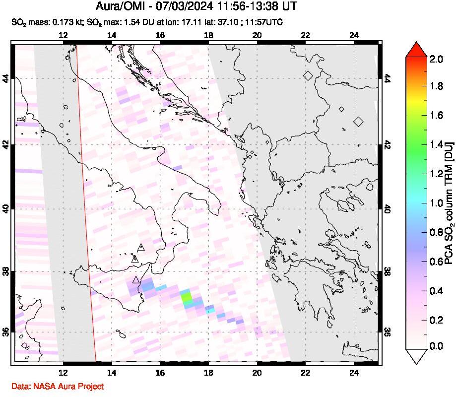 A sulfur dioxide image over Etna, Sicily, Italy on Jul 03, 2024.