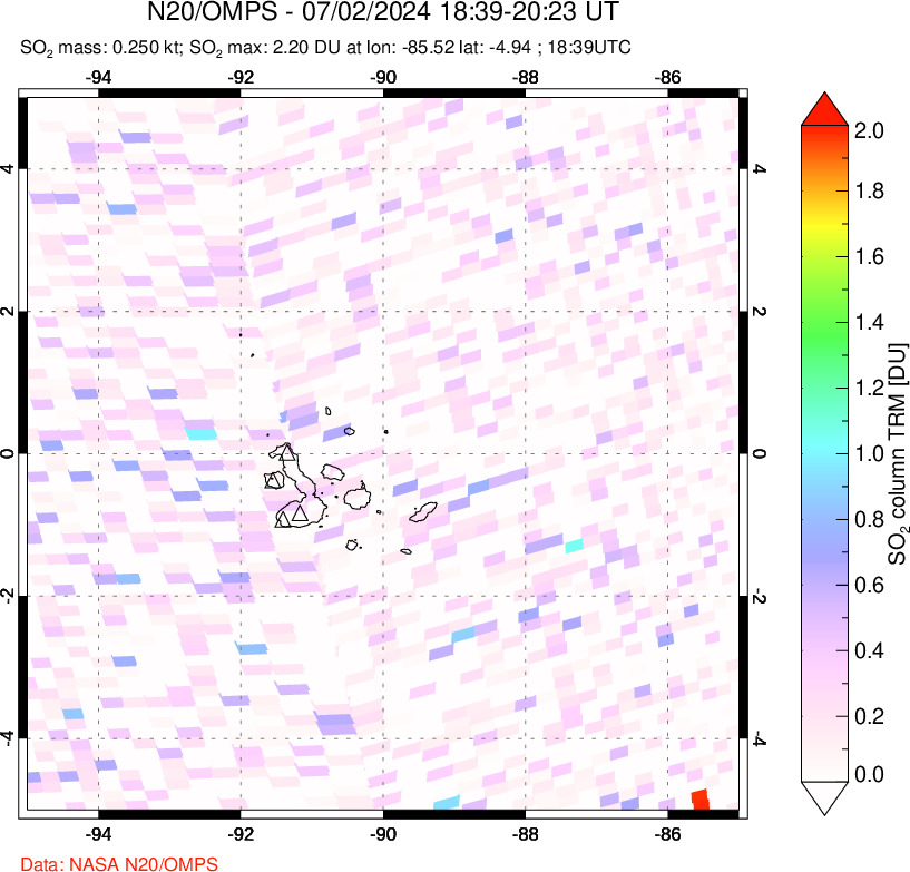 A sulfur dioxide image over Galápagos Islands on Jul 02, 2024.