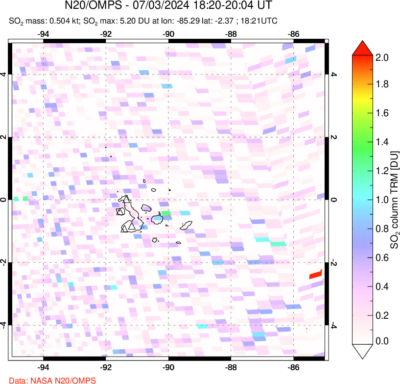 A sulfur dioxide image over Galápagos Islands on Jul 03, 2024.