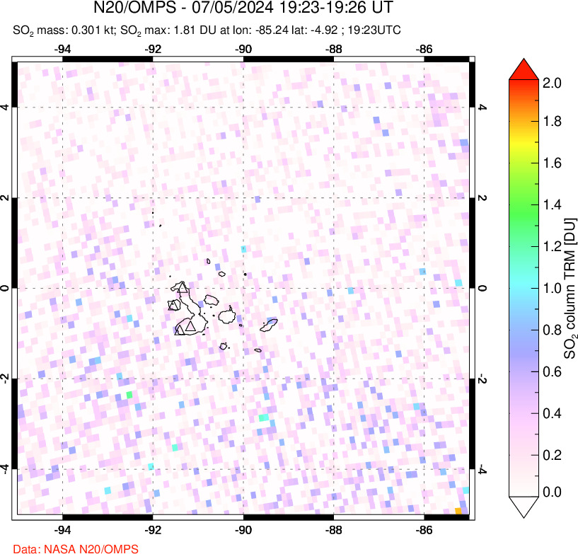 A sulfur dioxide image over Galápagos Islands on Jul 05, 2024.