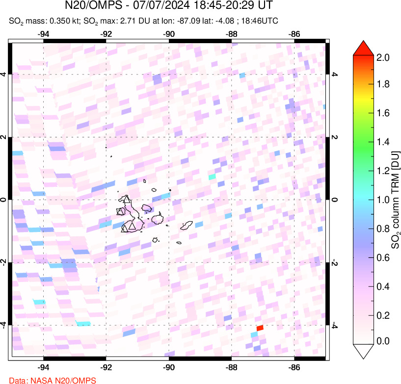 A sulfur dioxide image over Galápagos Islands on Jul 07, 2024.