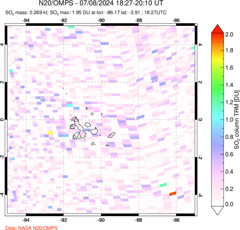 A sulfur dioxide image over Galápagos Islands on Jul 08, 2024.