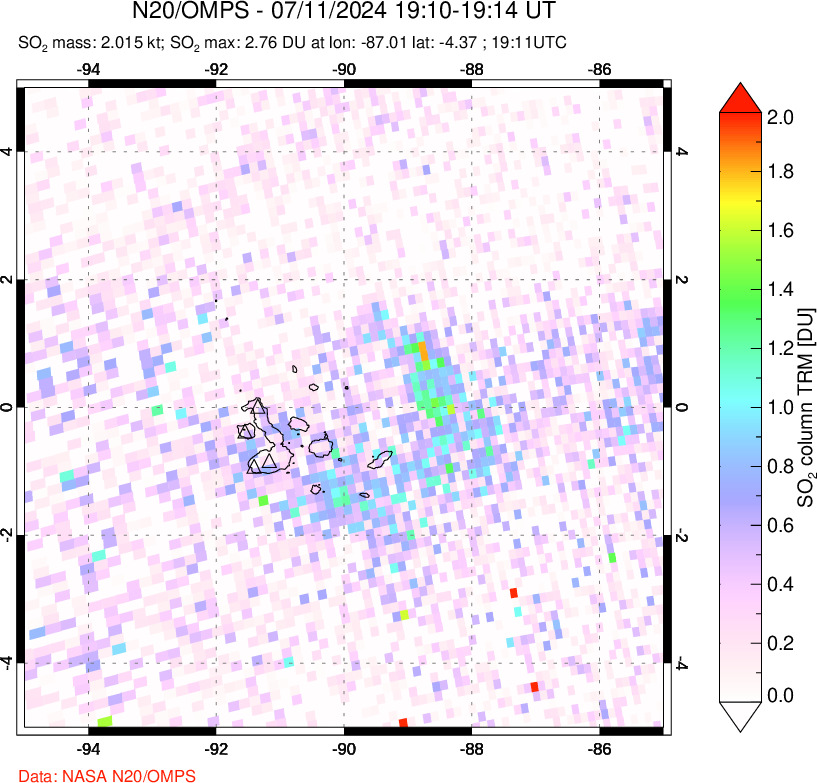 A sulfur dioxide image over Galápagos Islands on Jul 11, 2024.